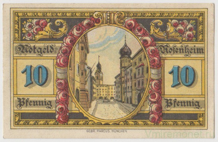 Бона. Нотгельд. Германия. Город Розенхайм. 10 пфеннигов 1921 год. Вариант 1134.1.2.
