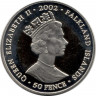 Монета. Фолклендские острова. 50 пенсов 2002 год. 50 лет правлению Королевы Елизаветы II, на лошади, цветная.