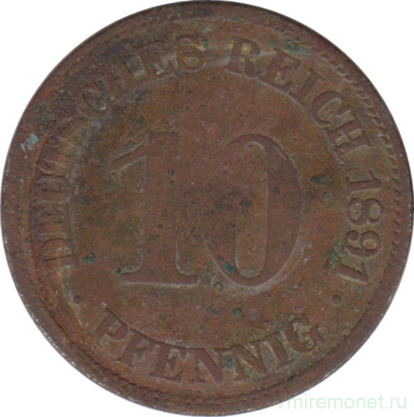 Монета. Германская империя. 10 пфеннигов 1891 год. (E).