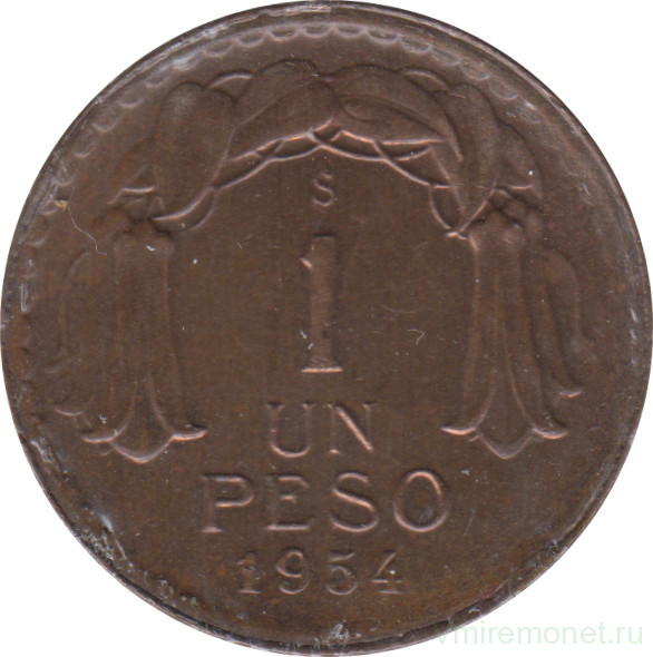 Монета. Чили. 1 песо 1954 год.