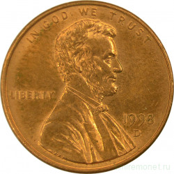 Монета. США. 1 цент 1998 год. Монетный двор D.