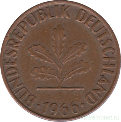 Монета. ФРГ. 1 пфенниг 1966 год. Монетный двор - Штутгарт (F).