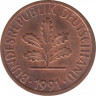  Монета. ФРГ. 1 пфенниг 1991 год. Монетный двор - Гамбург (J). ав.
