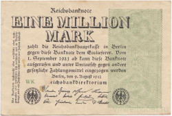 Банкнота. Германия. Веймарская республика. 1 миллион марок 1923 год. Водяной знак - рубящие звёзды. WK (зелёные). Тип 102а.
