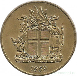 Монета. Исландия. 1 крона 1969 год.