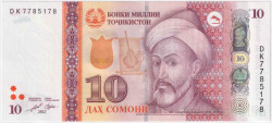 Банкнота. Таджикистан. 10 сомони 2022 год. Тип 24.