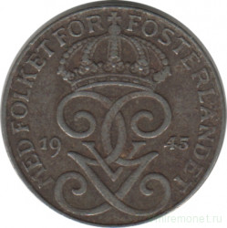 Монета. Швеция. 1 эре 1945 год (4 - прямая). 