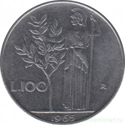 Монета. Италия. 100 лир 1965 год.