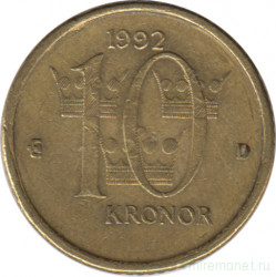 Монета. Швеция. 10 крон 1992 год.