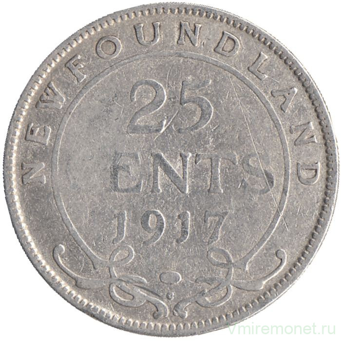 Монета. Ньюфаундленд. 25 центов 1917 год.