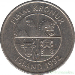 Монета. Исландия. 5 крон 1992 год.