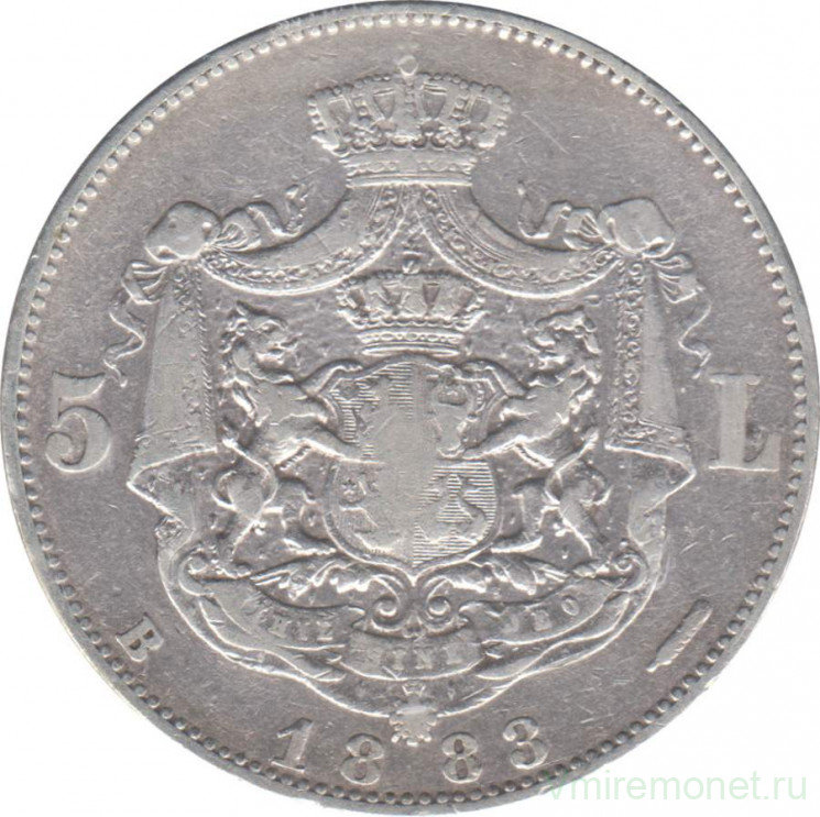 Монета. Румыния. 5 лей 1883 год.