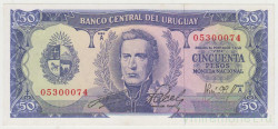 Банкнота. Уругвай. 50 песо 1967 год. Тип B. (без наименования должности подписанта).