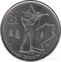Монета. Канада. 25 центов 2007 год. XXI зимние Олимпийские игры. Ванкувер 2010. Биатлон.