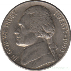 Монета. США. 5 центов 1990 год. Монетный двор D.