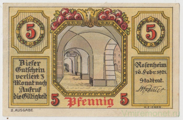 Бона. Нотгельд. Германия. Город Розенхайм. 5 пфеннигов 1921 год. Вариант 1134.1.1.