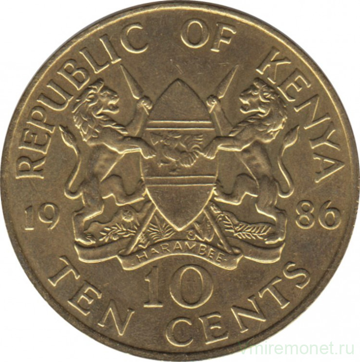 Монета. Кения. 10 центов 1986 год.