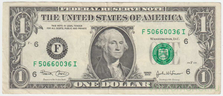 Банкнота. США. 1 доллар 2003 год. Серия F. Тип 515a.