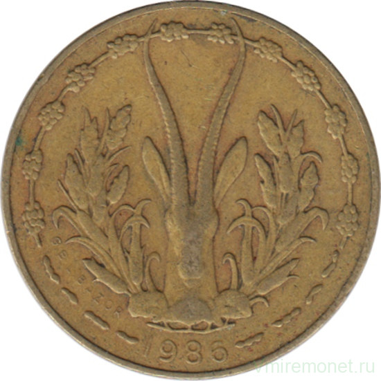 Монета. Западноафриканский экономический и валютный союз (ВСЕАО). 5 франков 1986 год.