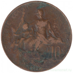 Монета. Франция. 10 сантимов 1914 год. Без отверстия.