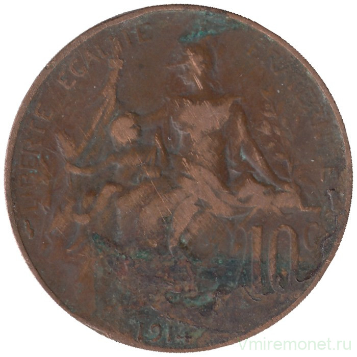 Монета. Франция. 10 сантимов 1914 год. Без отверстия. Монета. Франция. 10 сантимов 1914 год. Без отверстия.