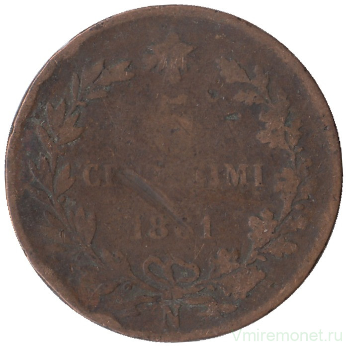 Монета. Италия. 5 чентезимо 1861 год. N.