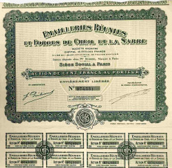 Акция. Франция. Париж. АО "Emalleries Réunies et forges de Creil et la Sarre". Акция на предъявителя в 100 франков 1924 год.