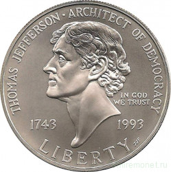 Монета. США. 1 доллар 1993 год (P). 250 лет со дня рождения Томаса Джефферсона.
