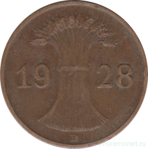 Монета. Германия. Веймарская республика. 1 рейхспфенниг 1928 год. Монетный двор - Мюнхен (D).