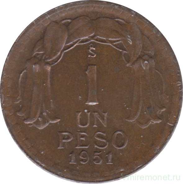 Монета. Чили. 1 песо 1951 год.