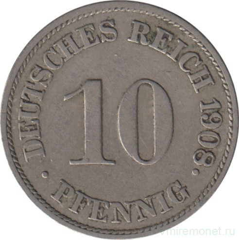 Монета. Германия (Германская империя 1871-1922). 10 пфеннигов 1908 год. (J).