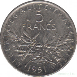 Монета. Франция. 5 франков 1991 год.