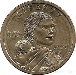 Монета. США. 1 доллар 2007 год. Сакагавея, парящий орел. Монетный двор D.