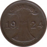 Монета. Германия. Веймарская республика. 2 рейхспфеннига 1924 год. Монетный двор - Штуттгарт (F). ав.