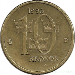 Монета. Швеция. 10 крон 1993 год.
