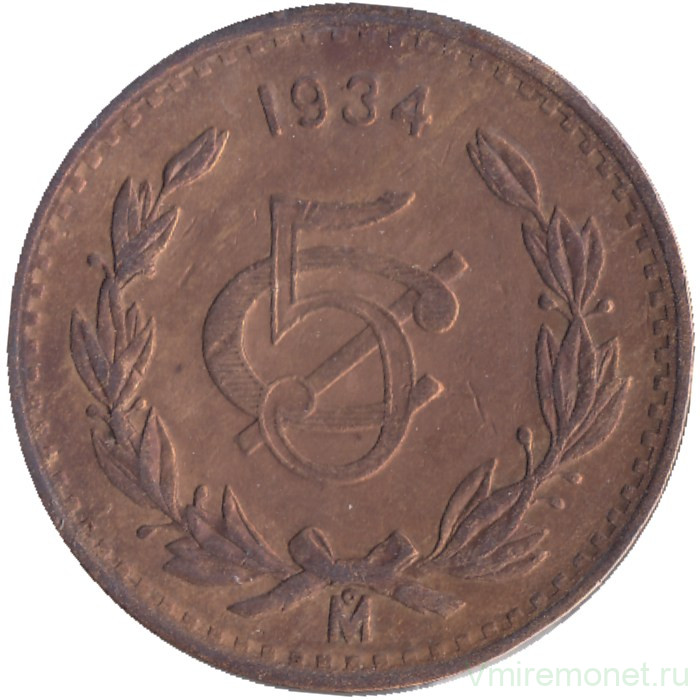 Монета. Мексика. 5 сентаво 1934 год.