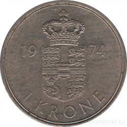 Монета. Дания. 1 крона 1974 год.