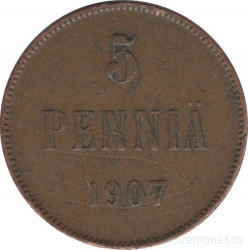 Монета. Русская Финляндия. 5 пенни 1907 год.
