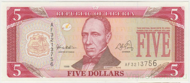 Банкнота. Либерия. 5 долларов 1999 год. Тип 21.