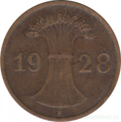 Монета. Германия. Веймарская республика. 1 рейхспфенниг 1928 год. Монетный двор - Штутгарт (F).