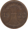 Монета. Германия. Веймарская республика. 1 рейхспфенниг 1928 год. Монетный двор - Штутгарт (F). ав.