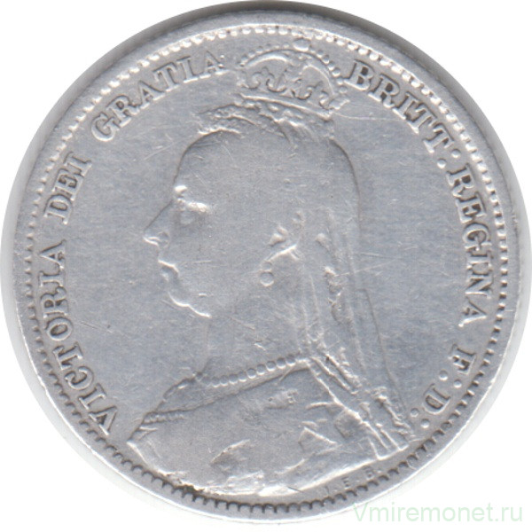 Монета. Великобритания. 6 пенсов 1891 год.