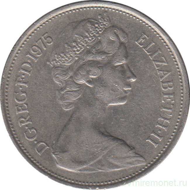 Монета. Великобритания. 10 пенсов 1975 год.