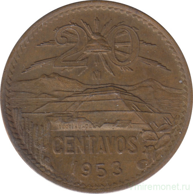 Монета. Мексика. 20 сентаво 1953 год.