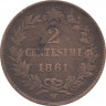 Монета. Италия. 2 чентезимо 1861 год. М. рев.