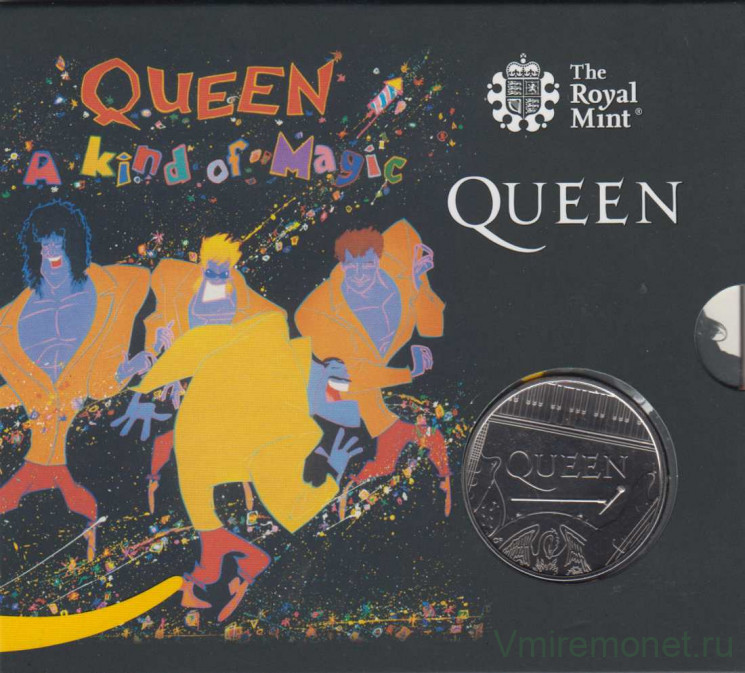 Монета. Великобритания. 5 фунтов 2020 год. Группа "Queen". "A Kind Of Magic". В буклете, с плакатом.