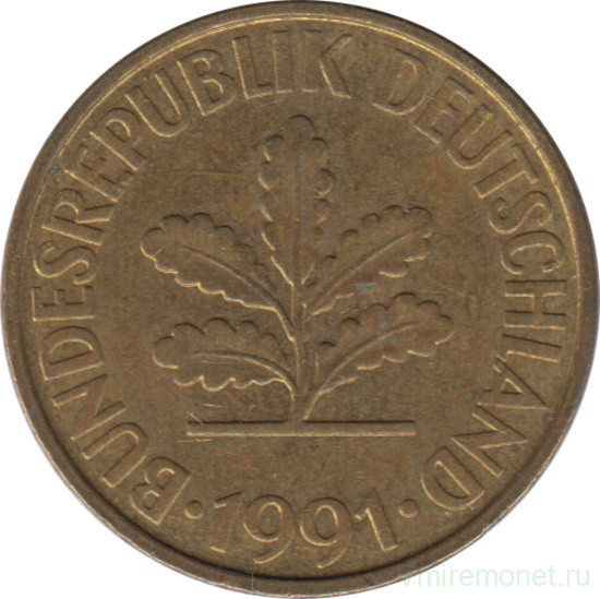 Монета. ФРГ. 10 пфеннигов 1991 год. Монетный двор - Гамбург (J).