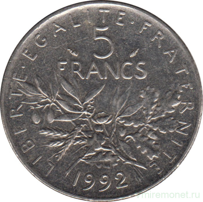 Монета. Франция. 5 франков 1992 год.