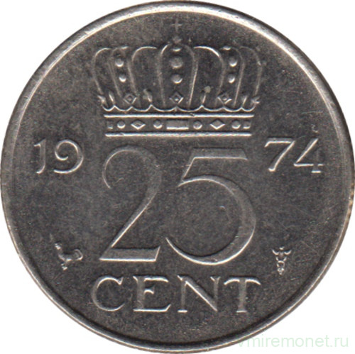 Монета. Нидерланды. 25 центов 1974 год.