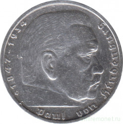 Монета. Германия. Третий Рейх. 5 рейхсмарок 1936 год. Монетный двор - Карлсруэ (G). Старый тип.